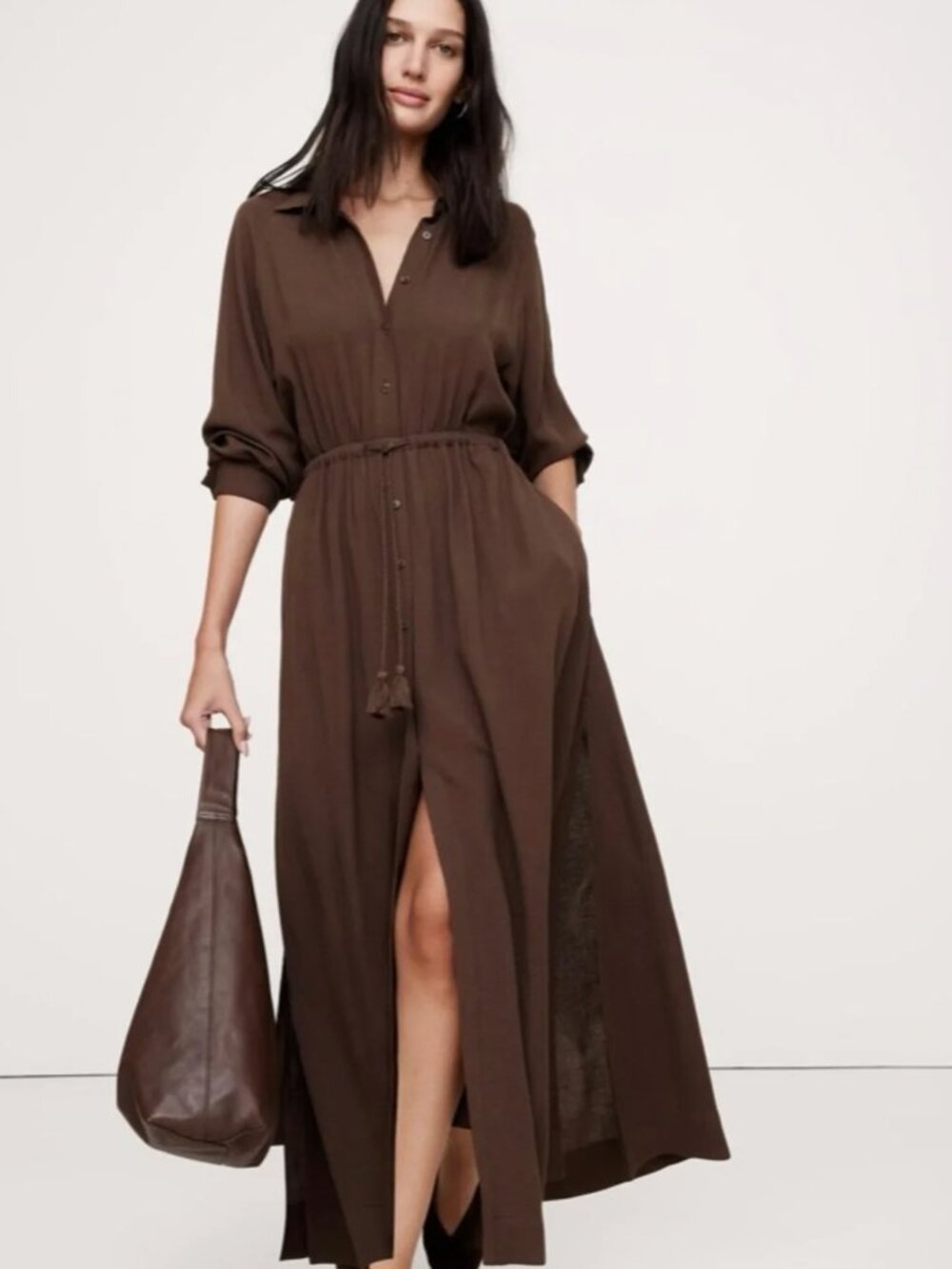 Cotton and Linen Banana Republic Espresso Brown Gauze Shirt Dress Sz M